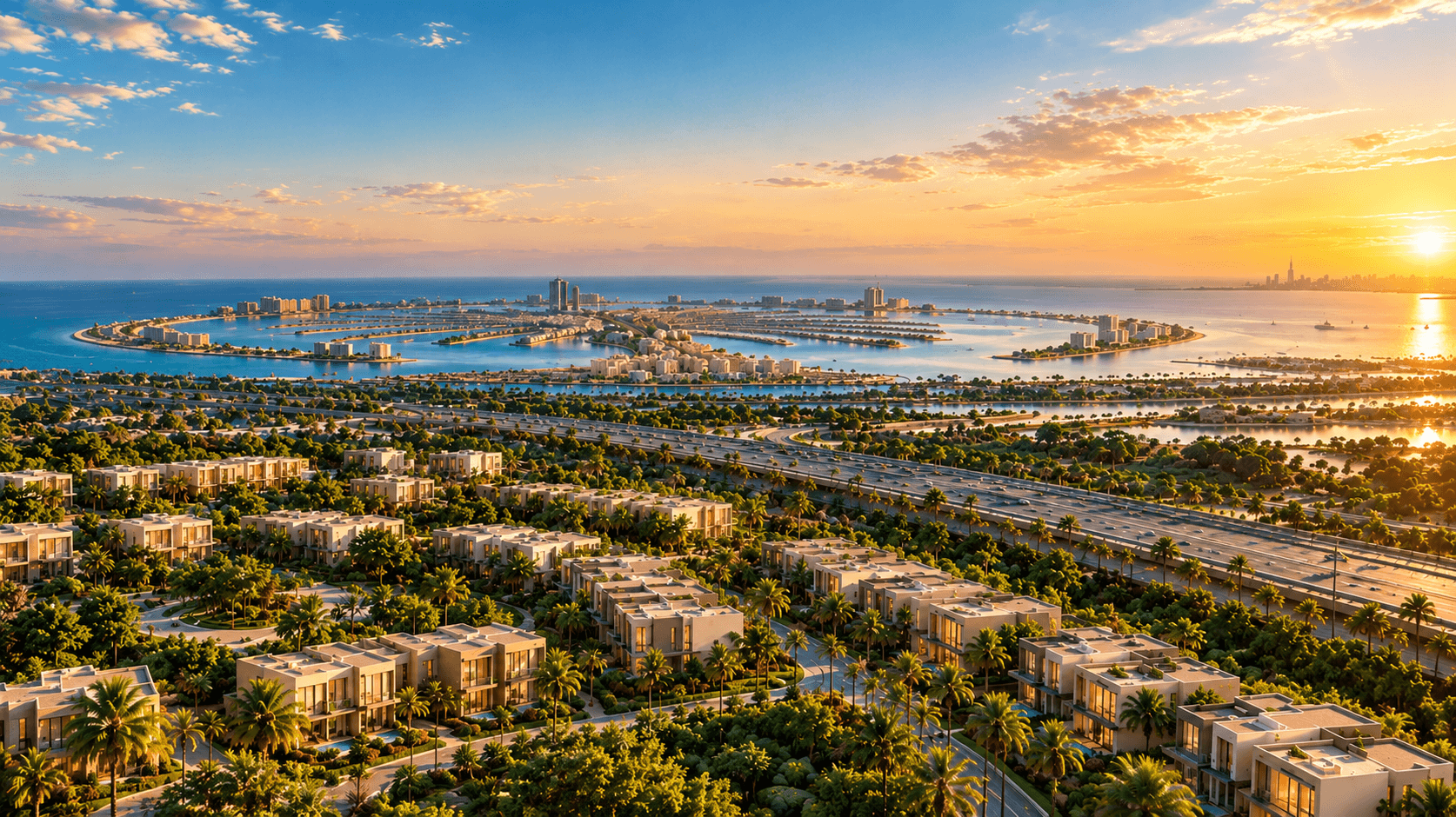 Aerial view of a waterfront villa community in Dubai at sunset, with the city skyline in the distance