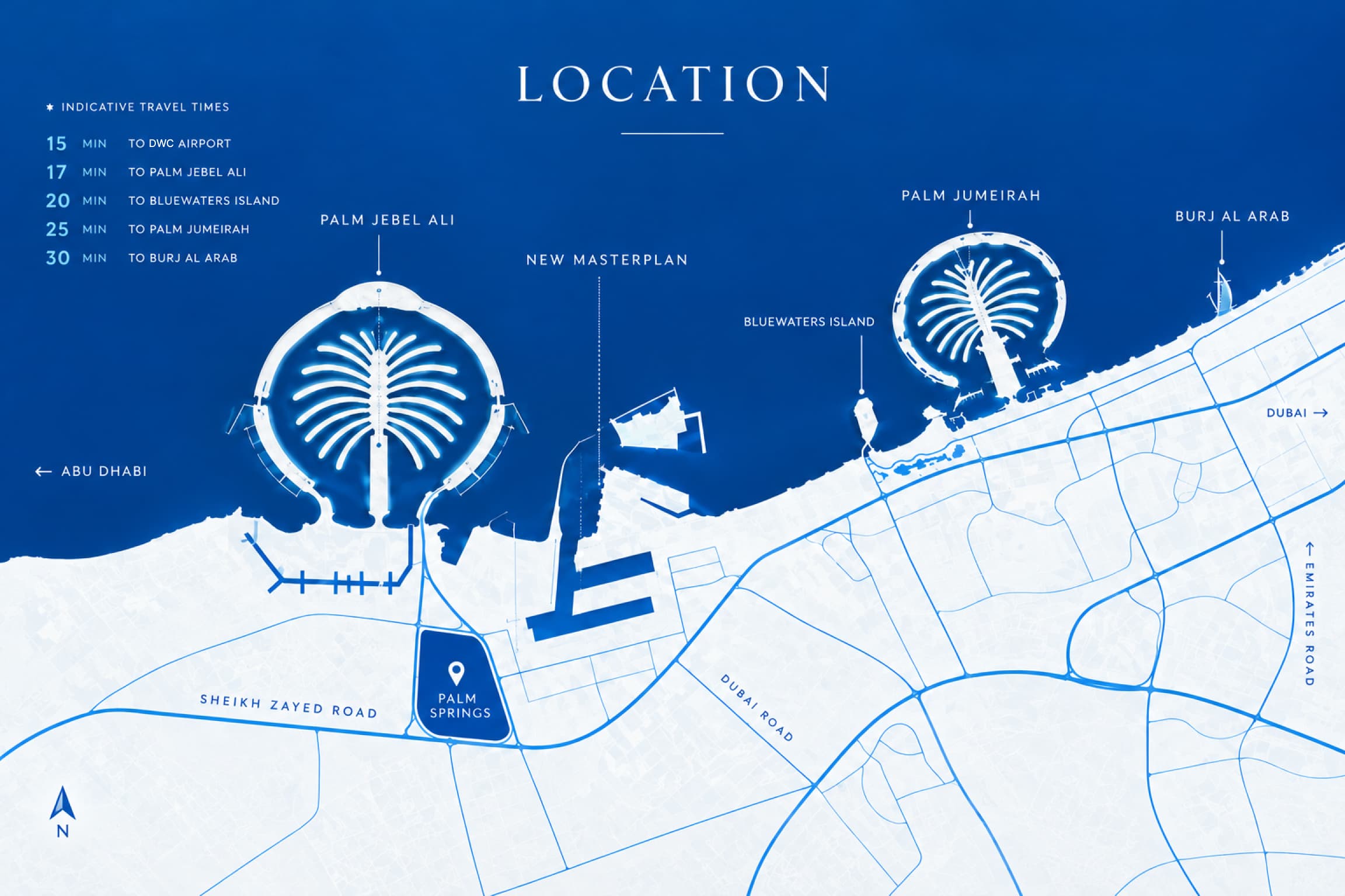Reference map showing the Palm Springs site relative to Palm Jebel Ali, Palm Jumeirah, Bluewaters Island, Burj Al Arab and DWC Airport