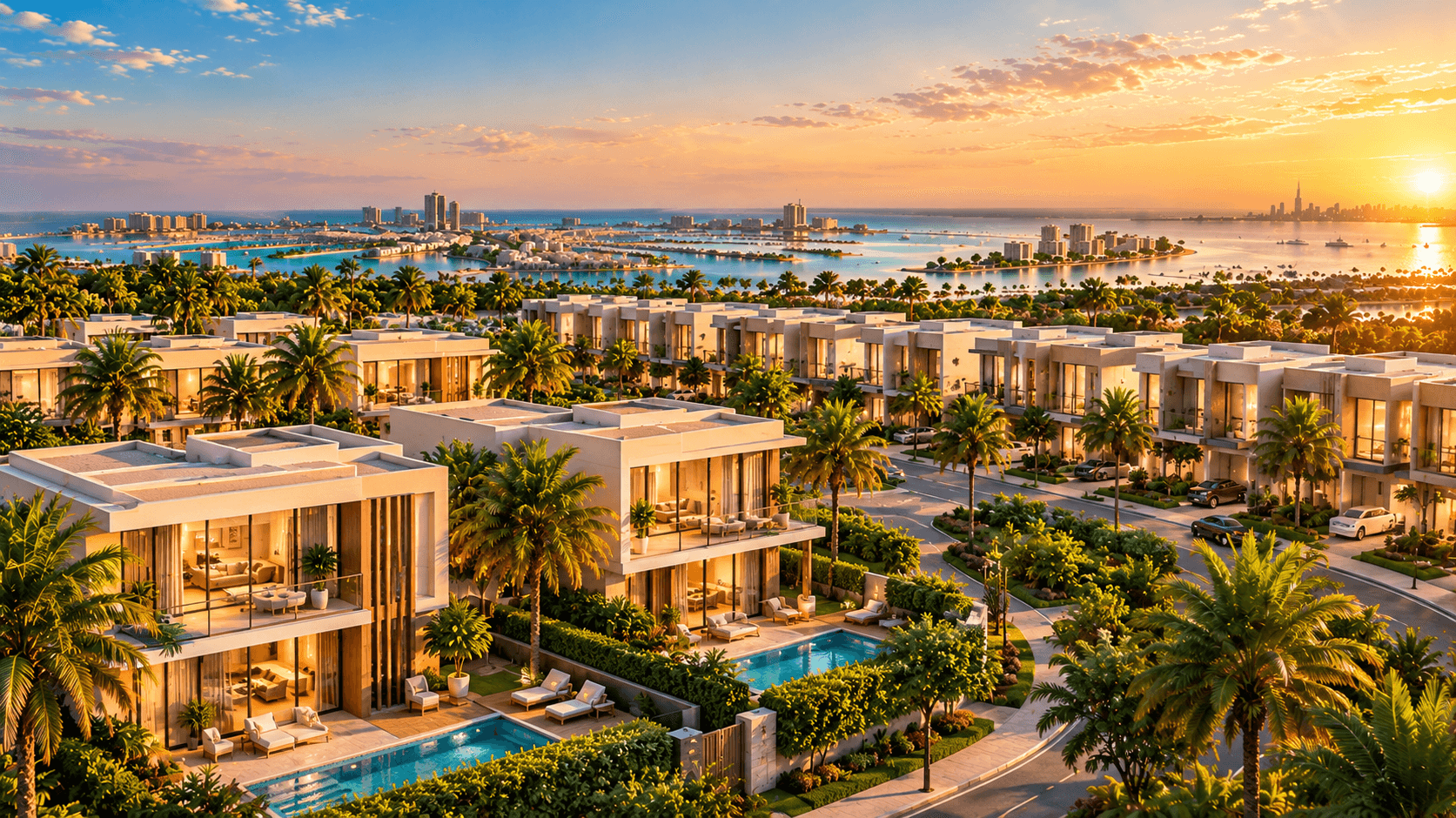 Row of contemporary villas with landscaped gardens at sunset, representative imagery for Palm Springs by Nakheel