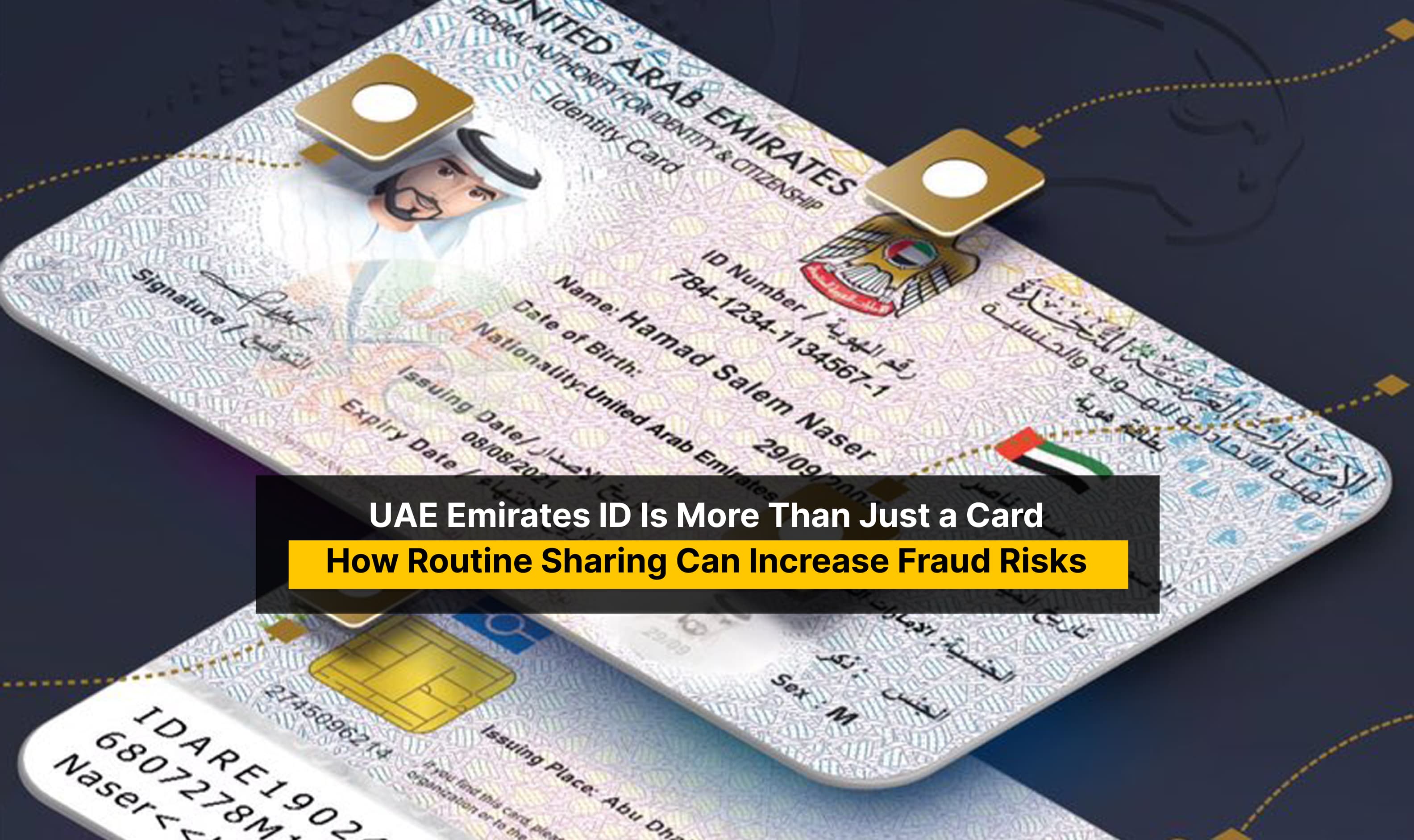 UAE Emirates ID security concept showing an Emirates ID with digital cyber protection, identity verification, data privacy, and fraud prevention.