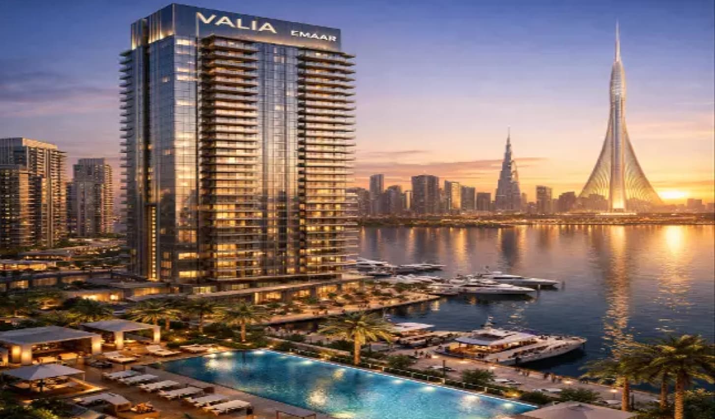 Valia at Dubai Creek Harbour, Valia Dubai Creek Harbour apartment interior — open-plan living with floor-to-ceiling creek views