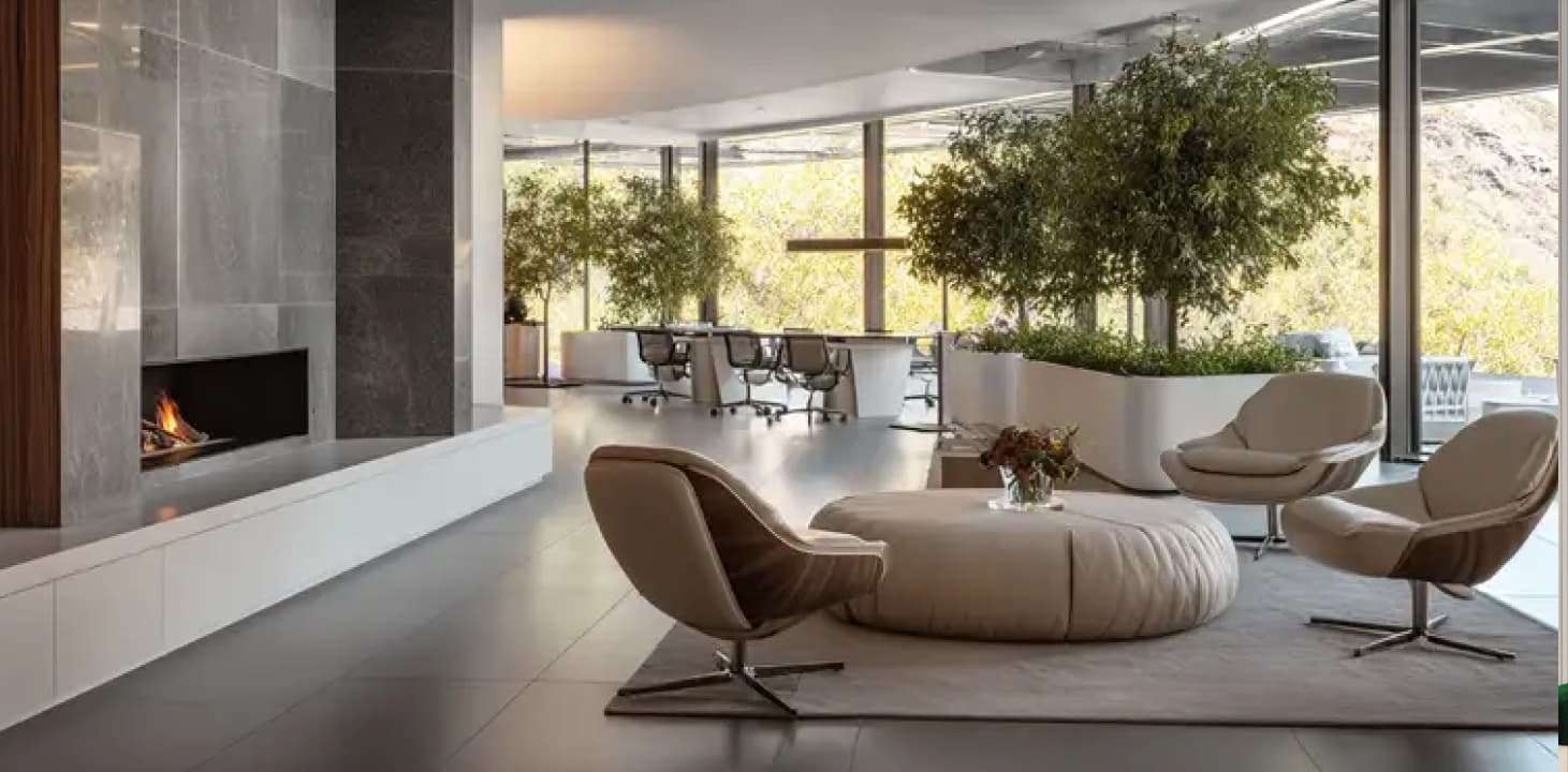 DAMAC District, DAMAC District apartment interior — open-plan living with golf course and garden views, DAMAC Hills Dubai