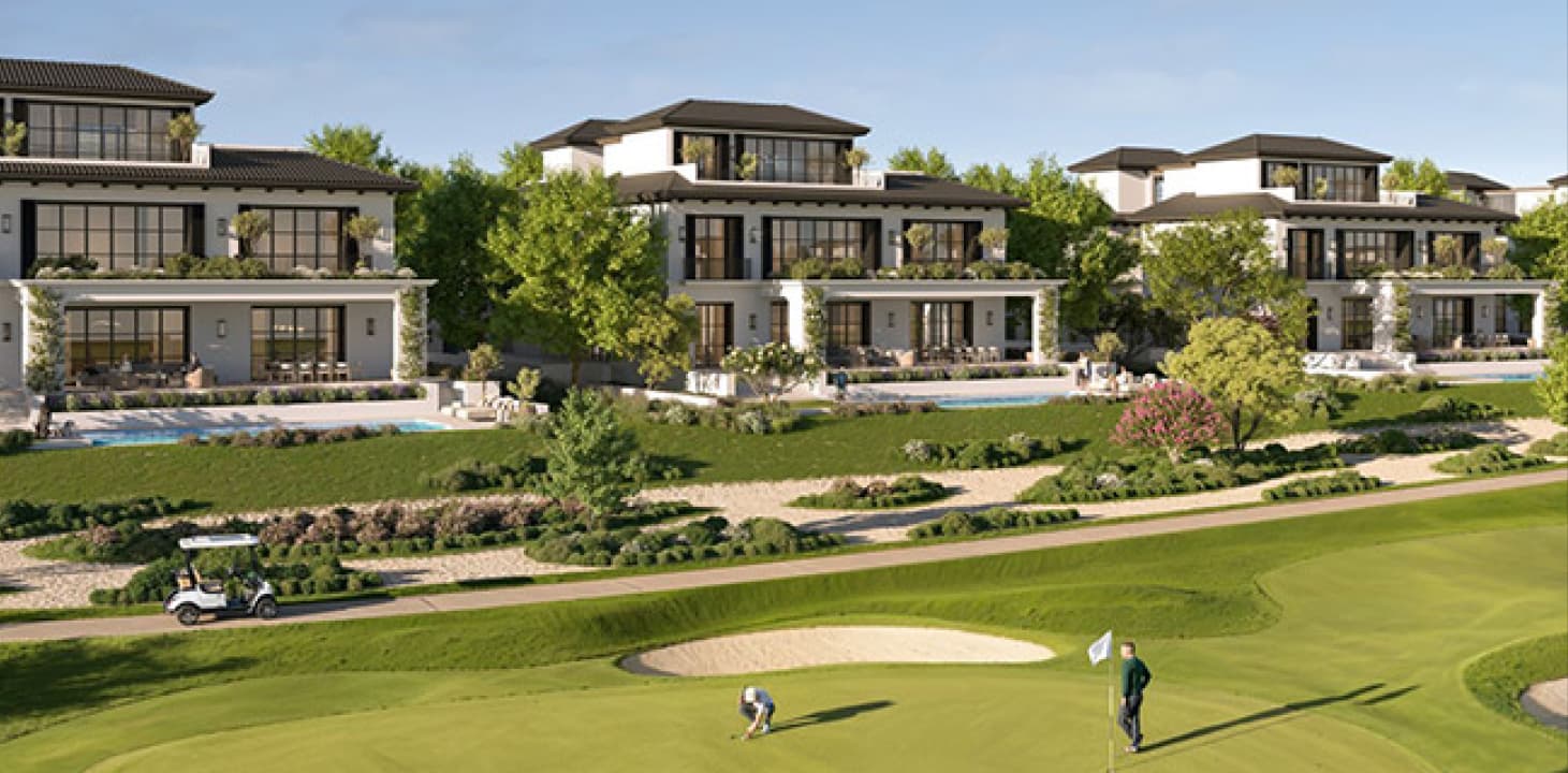 Hudayriyat Golf Estates, Hudayriyat Golf Estates villa interior — open-plan living with floor-to-ceiling golf course views