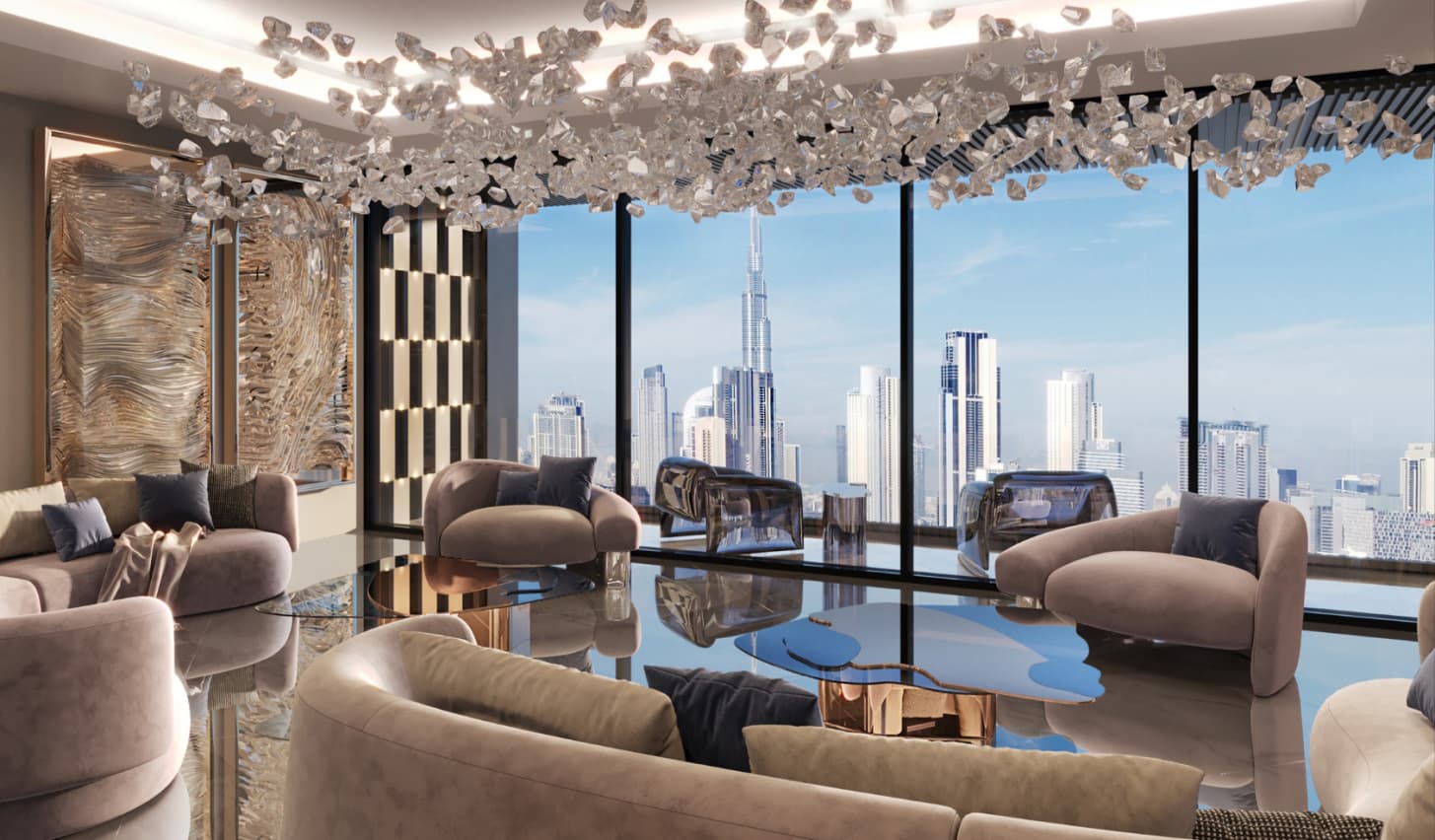 Binghatti Spectre, Binghatti Spectre Al Jaddaf apartment interior with floor to ceiling windows and Dubai skyline views