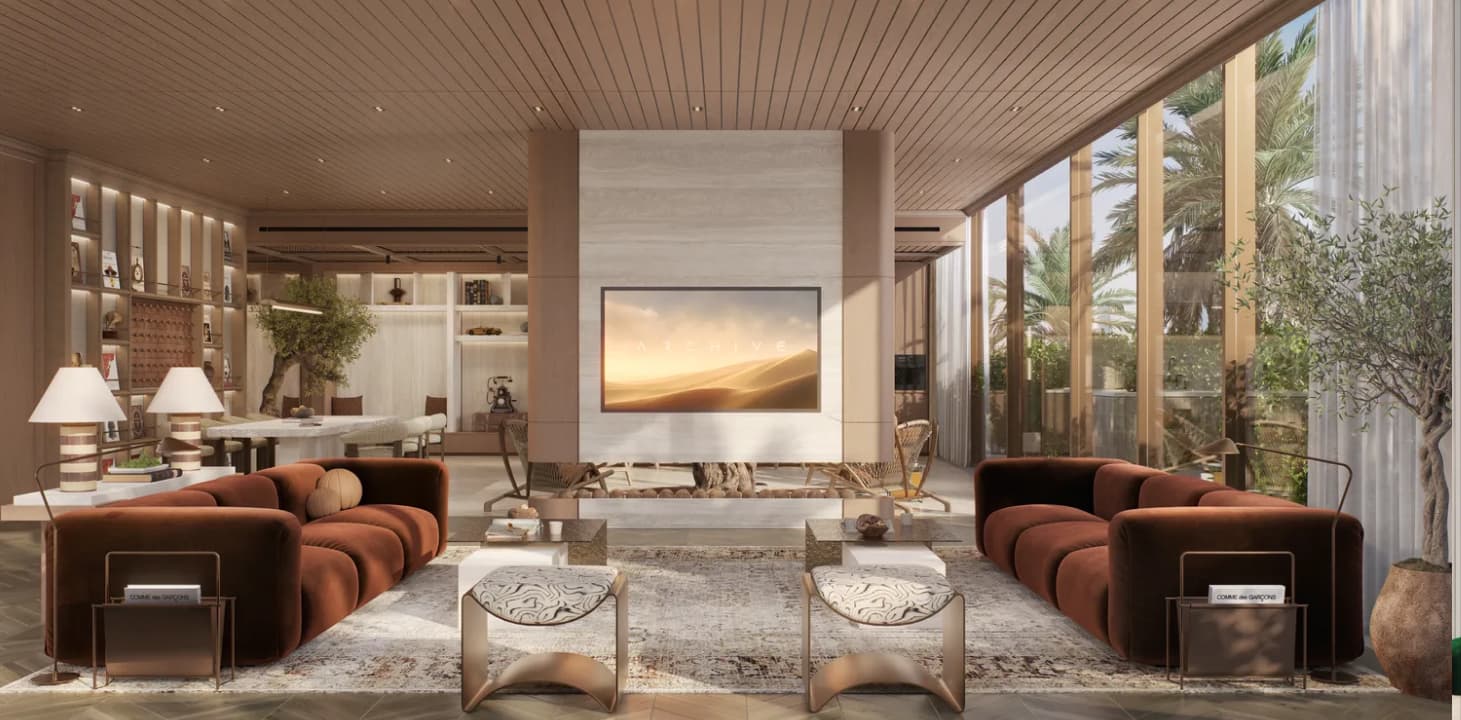 The Archive by Imtiaz, Living room with built-in bookshelf in a residence at The Archive by Imtiaz DLRC