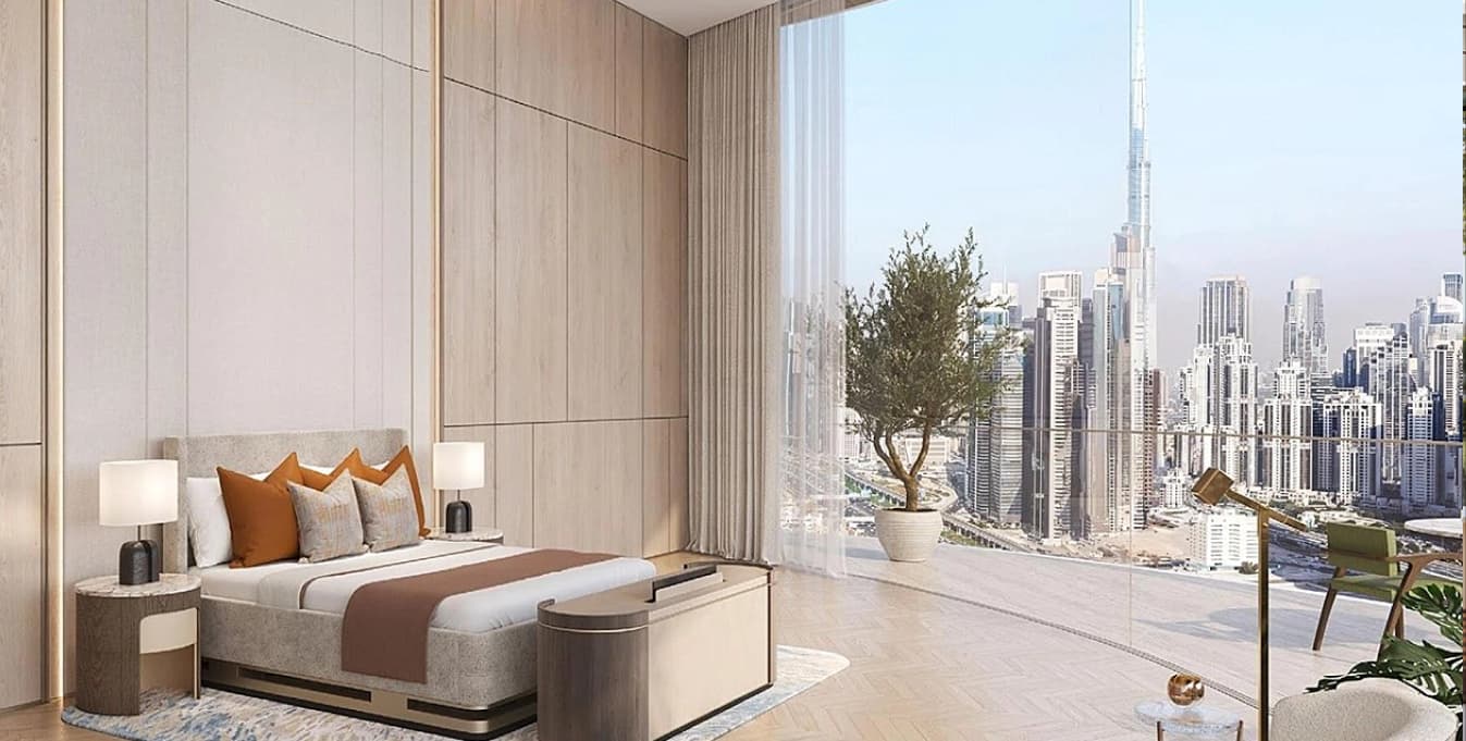 Amali Residences, Amali Residences apartment interior with private terrace pool and floor to ceiling canal and Burj Khalifa views